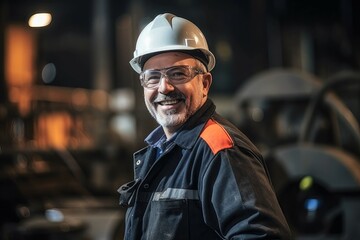 Close-up Happy Professional Heavy Industry Engineer Worker Wearing Uniform, Glasses and Hard Hat in a Steel Factory