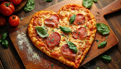 Heart shaped pizza with sausages on a floured cutting board for Valentine's day