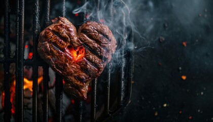 Heart shaped steak on a grill for Valentine's day - obrazy, fototapety, plakaty