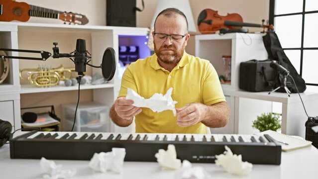 Raging caucasian musician man breaks paper while composing song in music studio