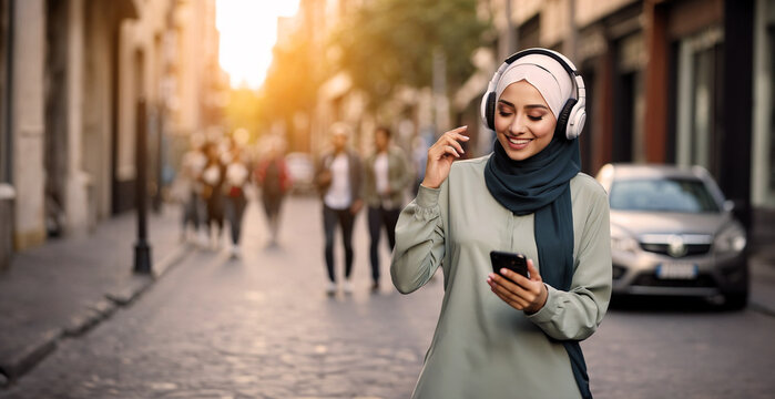 Joyful young muslim woman in hijab listening to music through headphones connected to cell phone while walking around the city center.