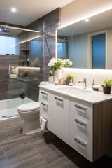Modern bathroom with dark tiles and white vanity