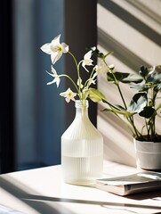 White flowers in a glass vase on a table near a window