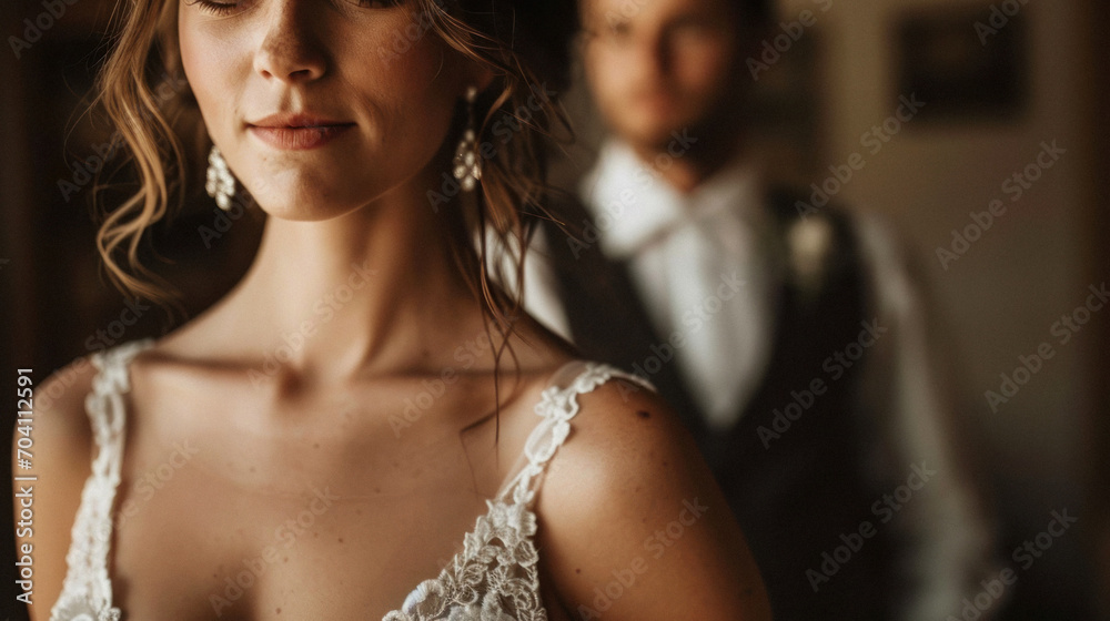 Wall mural portrait of a bride on her wedding day. natural makeup with diamond earrings, groom in the backgroun