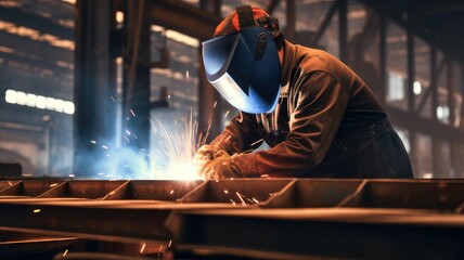 Heavy Industry Engineering Factory Interior with Industrial Worker Using Angle Grinder and Cutting a Metal Tube.
