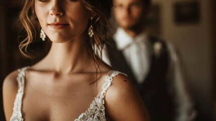 Portrait of a bride on her wedding day. Natural makeup with diamond earrings, groom in the background