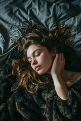 Beautiful Young Woman on Soft Black Fur Blanket in Morning Sunlight