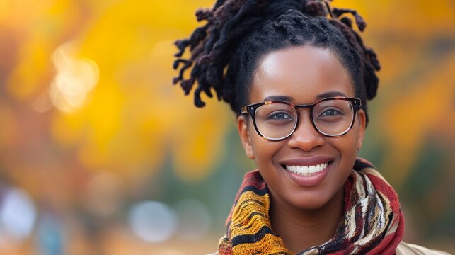 Portrait of black woman with glasses and smiling isolated on orange autumn bokeh background with copy sauce.