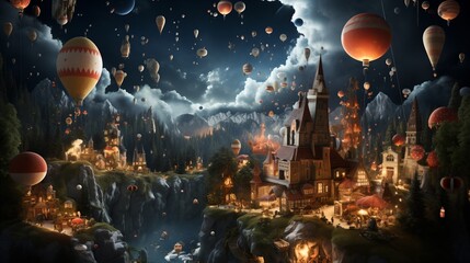 A fantasy world with a castle and hot air balloons