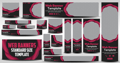 Horizontal geometric web banners of standard size in red and black, header background for website design, Social Media Cover ads banner, web banner package Bundle