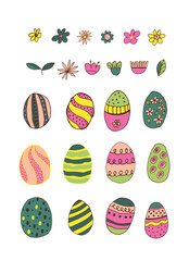 multicolored Easter eggs with botanical elements set doodle style. Happy easter hand drawn isolated on white background. Spring holiday. Happy Easter. Vector Illustration.