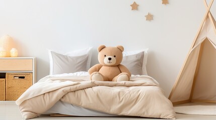 A cute teddy bear sitting on a bed in a childs room - obrazy, fototapety, plakaty
