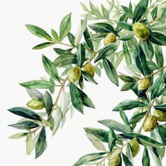 Green olive branch with ripe olives illustrated, watercolor