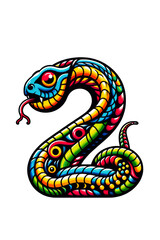 Illustration on white isolated background number two 2 in the shape of drawn snake characters. Games for childrens development and learning. Training kids in counting. Copy space