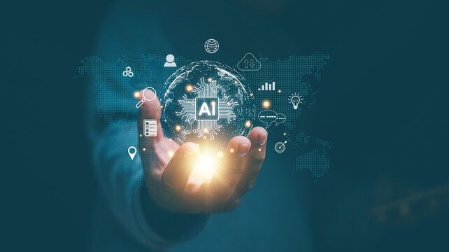 Artificial Intelligence, Ai technology, Businessman using technology AI to be assistant in creating information for business. Futuristic technology transformation, Generate something by AI.