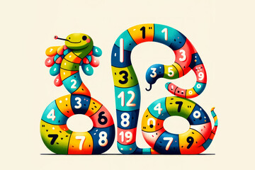 Playful cartoon snake illustration with numbers and cheerful colors, perfect for educational purposes and childrens learning materials.