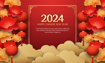 Chinese New Year 2024 3d background with lantern, gate, red and gold flower, cloud for banner, greeting card - obrazy, fototapety, plakaty
