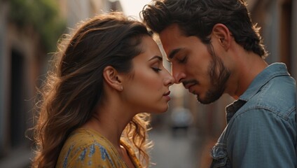 Latin couple in love facing each other with closed eyes touching forehead