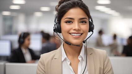 Call center operator in office background. Customer support agent. Happy latin woman with headphones	 - obrazy, fototapety, plakaty