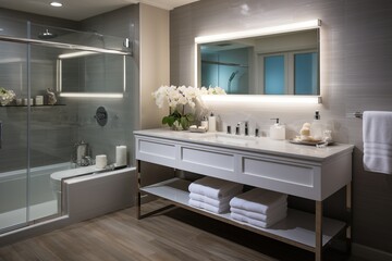 Fototapeta na wymiar Modern bathroom interior with white vanity and vessel sinks