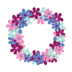Fototapeta na wymiar Bright beautiful wreath of flowers isolated on a white background. Decorative round frame in neutral colors. Unique design for greeting cards, banners, flyers. Vector. Hand-drawn.