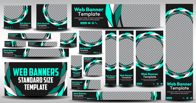 set of creative geometric web banners of standard size with a place for photos. Business ad banner. Vertical, horizontal and square templates for website. Web Banner Layout Set