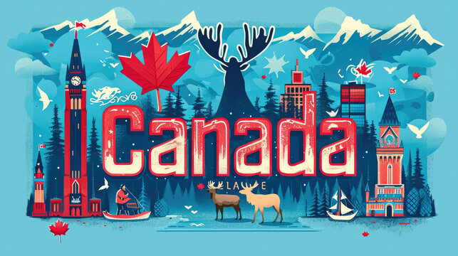 Canada travel poster featuring red maple leave and moose