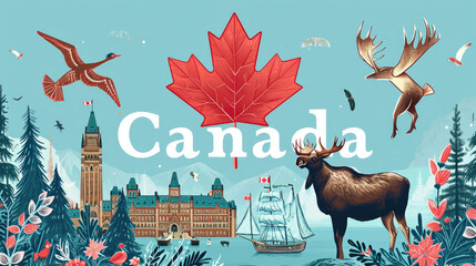 Canada travel poster featuring red maple leave and moose - obrazy, fototapety, plakaty