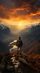 Fototapeta premium Man standing on a mountaintop overlooking a valley at sunset