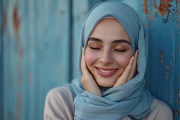 Naklejka premium Positive Muslim Woman Smiling in Traditional Hijab