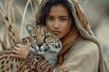 Portrait of woman with cheetah
