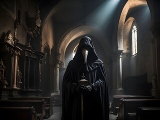 Plague doctor in a church
