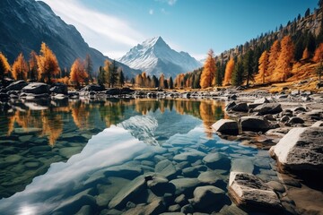 Stunning Autumn Mountain Lake Landscape - obrazy, fototapety, plakaty
