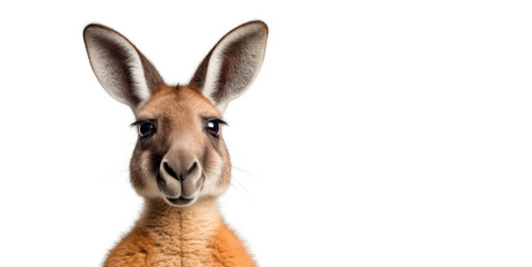 Closeup of Kangaroo face isolated on white background with copy space