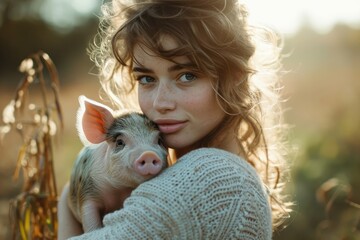 Outdoor Portrait of Woman with Cute Baby Pig