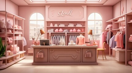 Pink store interior with clothes and accessories - obrazy, fototapety, plakaty