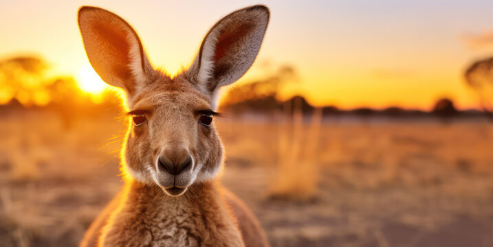 Closeup of Kangaroo face in wild nature with copy space