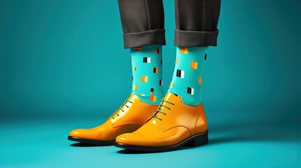 Person wearing colorful socks and yellow shoes