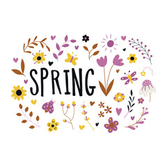 Beautiful sticker with the inscription Spring and beautiful spring flowers, leaves, butterflies. Hand drawn. Vector illustration