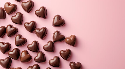 Fototapeta premium Chocolate candy hearts, for Valentine's Day. Pink background with copyspace. Graphic banner