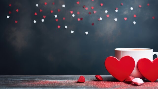 Valentine's day concept with hearts and cups over chalkboard background copy space