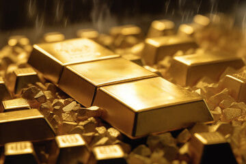 Gold bars background. Gold reserve. World prices for gold metal on global metals market and mining market. Goldbars financial market.