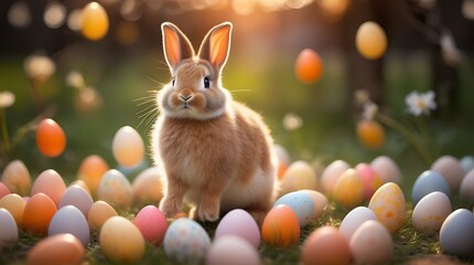 Fototapeta na wymiar fluffy bunny and Easter eggs frolicking in a picturesque spring park