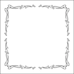 Elegant black and white thin ornamental frame, sharp corners, decorative border, corners for greeting cards, banners, business cards, invitations, menus. Isolated vector illustration.	