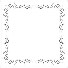 Elegant black and white thin ornamental frame, sharp corners, decorative border, corners for greeting cards, banners, business cards, invitations, menus. Isolated vector illustration.	