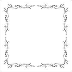 Elegant black and white thin ornamental frame, sharp corners, decorative border, corners for greeting cards, banners, business cards, invitations, menus. Isolated vector illustration.	