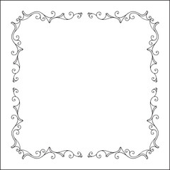 Elegant black and white thin ornamental frame, sharp corners, decorative border, corners for greeting cards, banners, business cards, invitations, menus. Isolated vector illustration.	