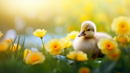 A closeup shot of a small duckling sitting on the grass in flowers on a blurred sunny background. Easter