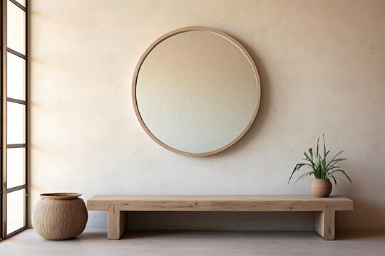 A large empty adobe frame in a minimalist entryway, with a slim console table and a round mirror