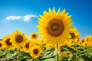 A detailed front view of a sunflower field, with the flowers facing the bright summer sun